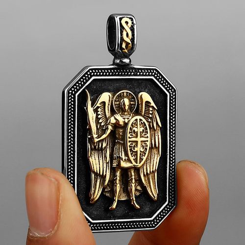 Collier Amulette En Acier Inoxydable Pour Homme, Archange Doré, Pendentif Michael, Croix, Bouclier, Étiquette De Prière, Titane, Bijoux, Cadeau, Vente En Gros