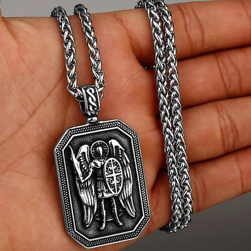 Collier Amulette En Acier Inoxydable Pour Homme, Archange Doré, Pendentif Michael, Croix, Bouclier, Étiquette De Prière, Titane, Bijoux, Cadeau, Vente En Gros