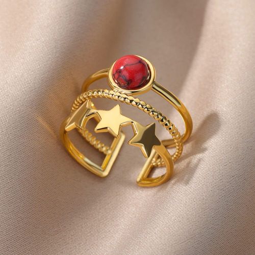Bague Ajustable En Acier Inoxydable Pour Hommes Et Femmes, Pierre Naturelle Colorée Incrustée D'étoiles, Large Anneau Ajouré, Bijoux Punk Vintage
