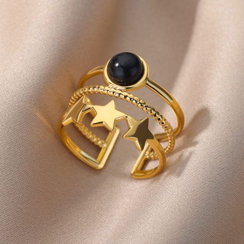 Bague Ajustable En Acier Inoxydable Pour Hommes Et Femmes, Pierre Naturelle Colorée Incrustée D'étoiles, Large Anneau Ajouré, Bijoux Punk Vintage