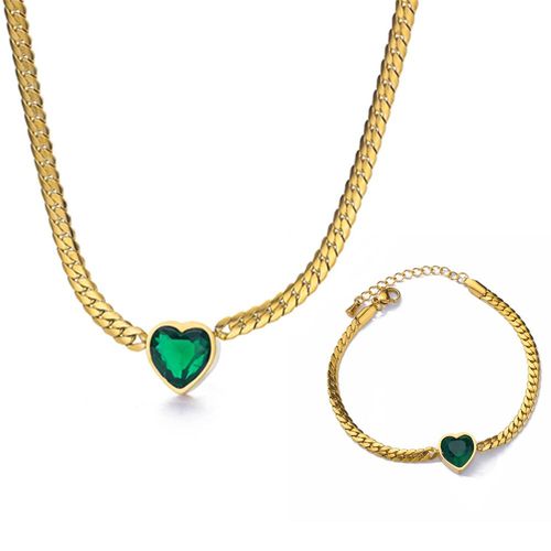 Bracelet Avec Pendentif En Forme De C¿Ur Vert Pour Femme, Ensemble De Bijoux, Chaîne Avec Lame En Acier Inoxydable, Cadeau Esthétique Pour Fête De Mariage