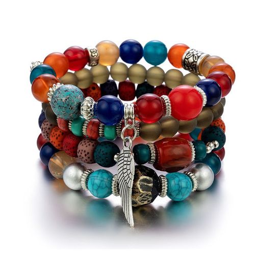 Bracelet En Perles De Bois Multicouches Pour Femmes, Bijoux Élastiques, Pendentif Pompon, Arbre De Vie, Style Bohème Du Mexique, Accessoires Pour Femmes