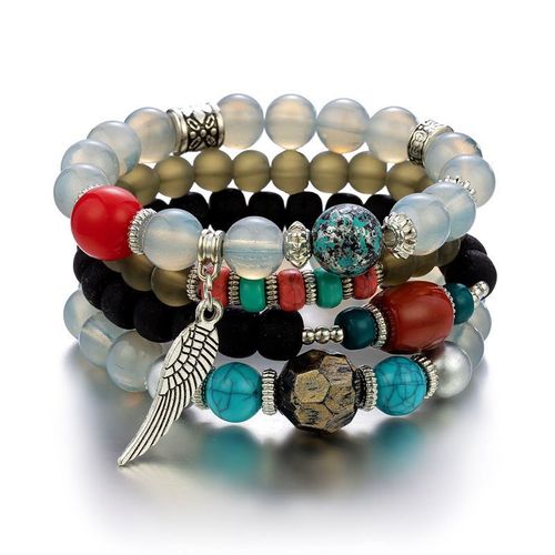 Bracelet En Perles De Bois Multicouches Pour Femmes, Bijoux Élastiques, Pendentif Pompon, Arbre De Vie, Style Bohème Du Mexique, Accessoires Pour Femmes
