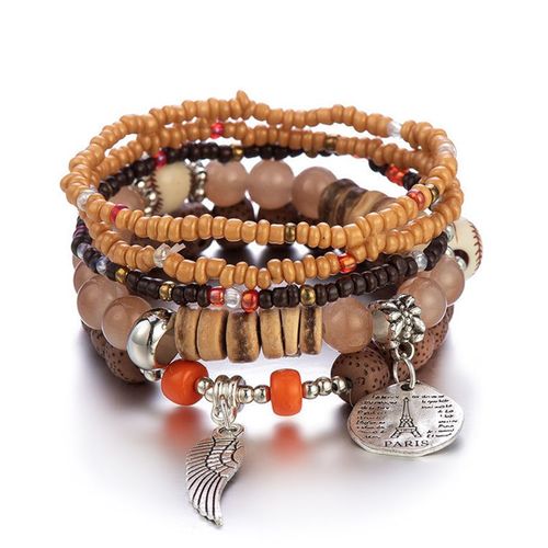 Bracelet En Perles De Bois Multicouches Pour Femmes, Bijoux Élastiques, Pendentif Pompon, Arbre De Vie, Style Bohème Du Mexique, Accessoires Pour Femmes