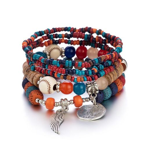 Bracelet En Perles De Bois Multicouches Pour Femmes, Bijoux Élastiques, Pendentif Pompon, Arbre De Vie, Style Bohème Du Mexique, Accessoires Pour Femmes