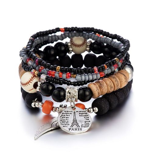 Bracelet En Perles De Bois Multicouches Pour Femmes, Bijoux Élastiques, Pendentif Pompon, Arbre De Vie, Style Bohème Du Mexique, Accessoires Pour Femmes