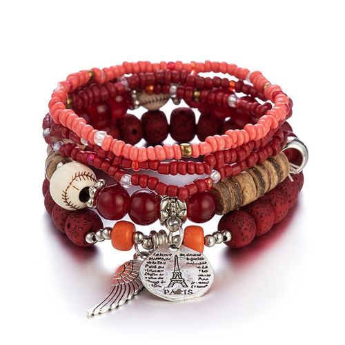 Bracelet En Perles De Bois Multicouches Pour Femmes, Bijoux Élastiques, Pendentif Pompon, Arbre De Vie, Style Bohème Du Mexique, Accessoires Pour Femmes