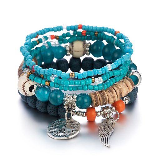 Bracelet En Perles De Bois Multicouches Pour Femmes, Bijoux Élastiques, Pendentif Pompon, Arbre De Vie, Style Bohème Du Mexique, Accessoires Pour Femmes