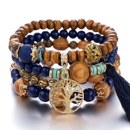 Bracelet En Perles De Bois Multicouches Pour Femmes, Bijoux Élastiques, Pendentif Pompon, Arbre De Vie, Style Bohème Du Mexique, Accessoires Pour Femmes