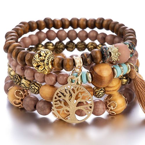 Bracelet En Perles De Bois Multicouches Pour Femmes, Bijoux Élastiques, Pendentif Pompon, Arbre De Vie, Style Bohème Du Mexique, Accessoires Pour Femmes