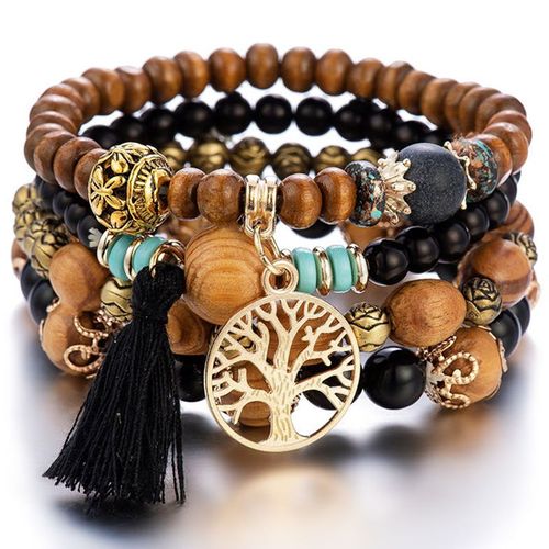 Bracelet En Perles De Bois Multicouches Pour Femmes, Bijoux Élastiques, Pendentif Pompon, Arbre De Vie, Style Bohème Du Mexique, Accessoires Pour Femmes