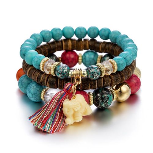 Bracelet En Perles De Bois Multicouches Pour Femmes, Bijoux Élastiques, Pendentif Pompon, Arbre De Vie, Style Bohème Du Mexique, Accessoires Pour Femmes