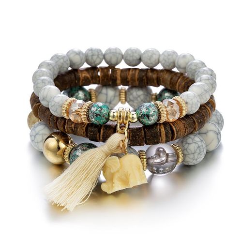 Bracelet En Perles De Bois Multicouches Pour Femmes, Bijoux Élastiques, Pendentif Pompon, Arbre De Vie, Style Bohème Du Mexique, Accessoires Pour Femmes