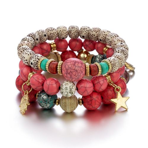 Bracelet En Perles De Bois Multicouches Pour Femmes, Bijoux Élastiques, Pendentif Pompon, Arbre De Vie, Style Bohème Du Mexique, Accessoires Pour Femmes