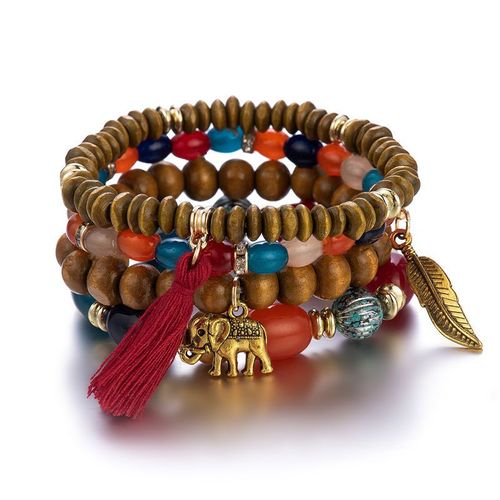 Bracelet En Perles De Bois Multicouches Pour Femmes, Bijoux Élastiques, Pendentif Pompon, Arbre De Vie, Style Bohème Du Mexique, Accessoires Pour Femmes