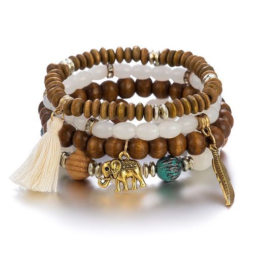 Bracelet En Perles De Bois Multicouches Pour Femmes, Bijoux Élastiques, Pendentif Pompon, Arbre De Vie, Style Bohème Du Mexique, Accessoires Pour Femmes