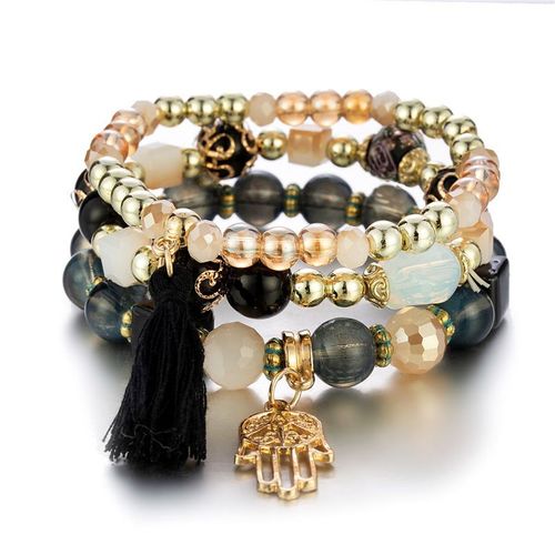 Bracelet En Perles De Bois Multicouches Pour Femmes, Bijoux Élastiques, Pendentif Pompon, Arbre De Vie, Style Bohème Du Mexique, Accessoires Pour Femmes