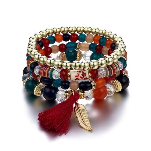 Bracelet En Perles De Bois Multicouches Pour Femmes, Bijoux Élastiques, Pendentif Pompon, Arbre De Vie, Style Bohème Du Mexique, Accessoires Pour Femmes