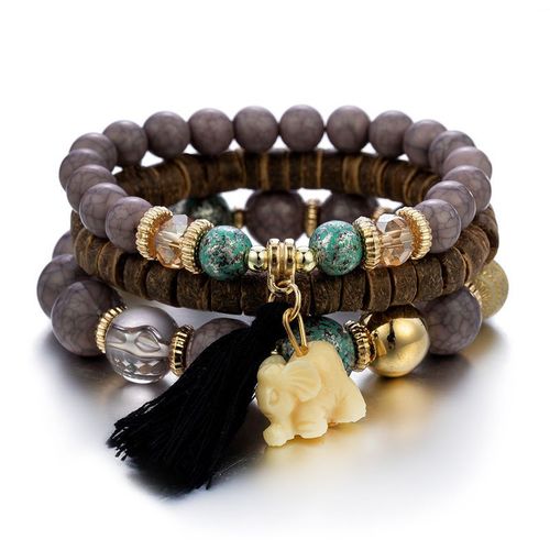 Bracelet En Perles De Bois Multicouches Pour Femmes, Bijoux Élastiques, Pendentif Pompon, Arbre De Vie, Style Bohème Du Mexique, Accessoires Pour Femmes