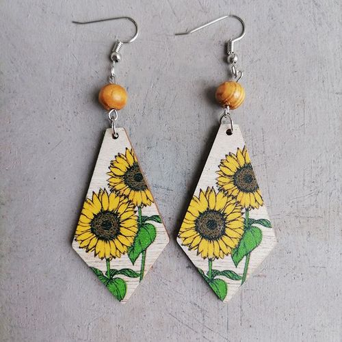 Boucles D'oreilles Vintage Boho Motif Géométrique, Fleurs De Tournesol, Mignonnes Perles En Bois Pour Femmes, Feuille Verte Cool, Rétro