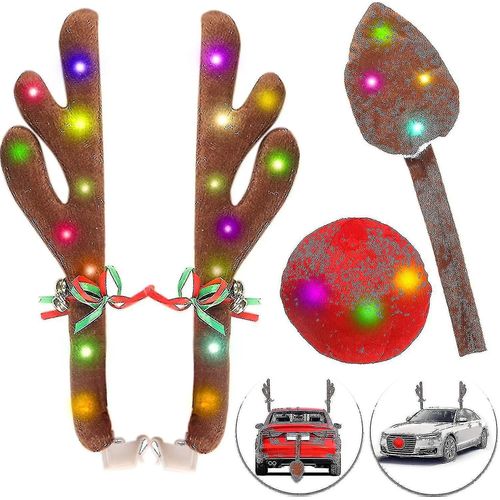 Bois de renne pour voitures, Kit de voiture de bois de Noël de renne avec lumières LED, Kit de voiture de renne
