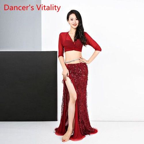 Vêtement D'exercice De Danse Du Ventre Pour Femme,Haut À Demi-Manches En Maille Trempée,Jupe À Paillettes,Spectacle Bref,M,L,2 Pièces