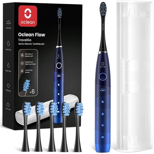 Brosse À Dents Électrique Travelgo Flowset,Autonomie De 180 Jours Avec 6 Brossettes Et 5 Modes,Brosse À Dents Sonique,Minuterie & Rappel 30s,1 Étui Voyage,Set Bleu