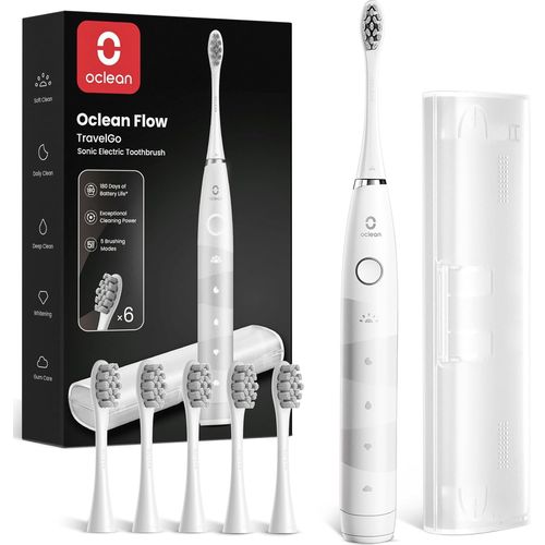 Brosse À Dents Électrique Travelgo Flowset,Autonomie De 180 Jours Avec 6 Brossettes Et 5 Modes,Brosse À Dents Sonique,Minuterie & Rappel 30s,1 Étui Voyage,Set Blanc