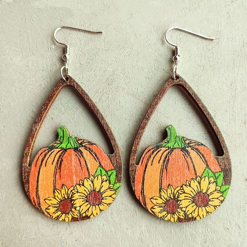 Boucles D'oreilles En Bois De Tournesol Pour Thanksgiving, Pour Femmes, Goutte D'eau Colorée, Feuille D'érable, Citrouille, Tasse De Café, Pendentifs Creux, 2022