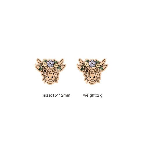 Boucles D'oreilles En Bois Highland Cow Studs Pour Femmes, Déclaration De Mode, Boucle D'oreille Animal Imprimé, N¿Ud De Fleur Mignon, Boucles D'oreilles Pendantes, Bijoux, 2023