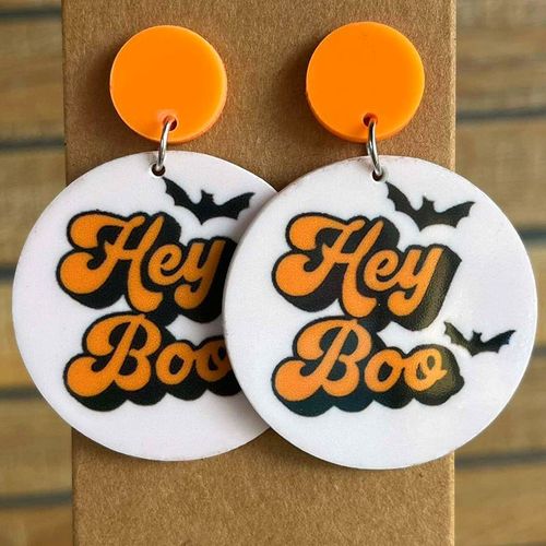 Boucles D'oreilles Rondes En Acrylique Orange Pour Halloween, Pendentif Lettre Boo, Cadeau De Bijoux, Sorcière, Aliments, Toile D'araignée, Chauve-Souris Imprimée, 2023