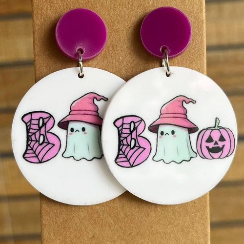 Boucles D'oreilles Rondes En Acrylique Orange Pour Halloween, Pendentif Lettre Boo, Cadeau De Bijoux, Sorcière, Aliments, Toile D'araignée, Chauve-Souris Imprimée, 2023