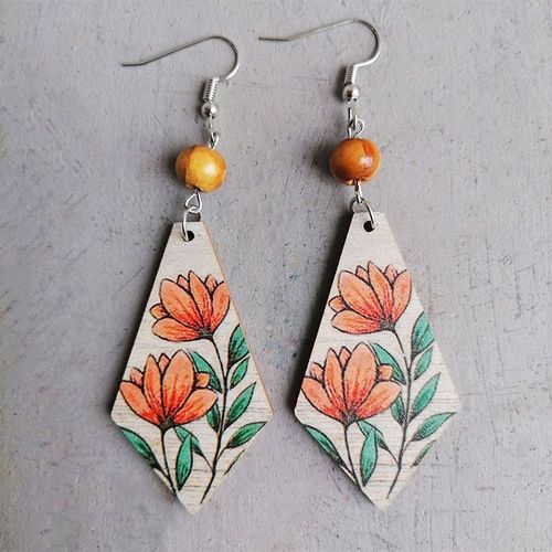 Boucles D'oreilles Vintage Boho Motif Géométrique, Fleurs De Tournesol, Mignonnes Perles En Bois Pour Femmes, Feuille Verte Cool, Rétro