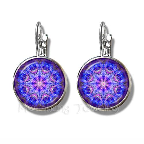 Boucles D'oreilles Pour Filles, Classique Om Yoga, Chakra, Dôme En Verre, Géométrique, Couleur Violette, Plaqué Argent, Cadeau