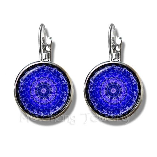 Boucles D'oreilles Pour Filles, Classique Om Yoga, Chakra, Dôme En Verre, Géométrique, Couleur Violette, Plaqué Argent, Cadeau