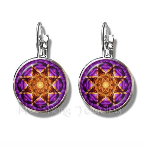 Boucles D'oreilles Pour Filles, Classique Om Yoga, Chakra, Dôme En Verre, Géométrique, Couleur Violette, Plaqué Argent, Cadeau