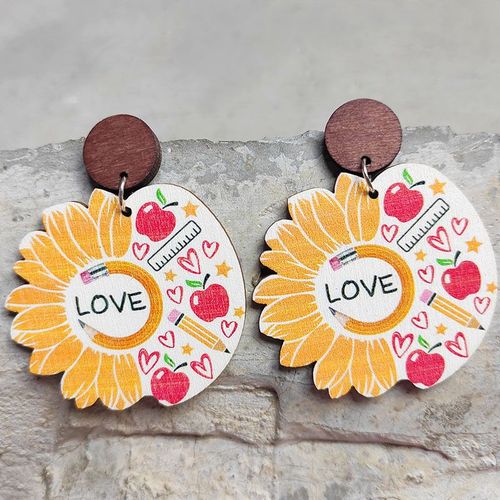 Boucles D'oreilles Tournesol Pour Femme, En Bois, Pour La Journée Des Enseignants, À La Mode, Mignon, Saison D'école, Le Soleil, Motif C¿Ur, Cadeau De Remerciement