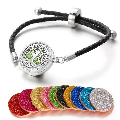 Bracelet D'aromathérapie En Cuir Cristal Pour Femme, Diffuseur D'huiles Essentielles, Médaillon De Parfum Arbre De Vie Réglable, Bracelet Bijoux Cadeau