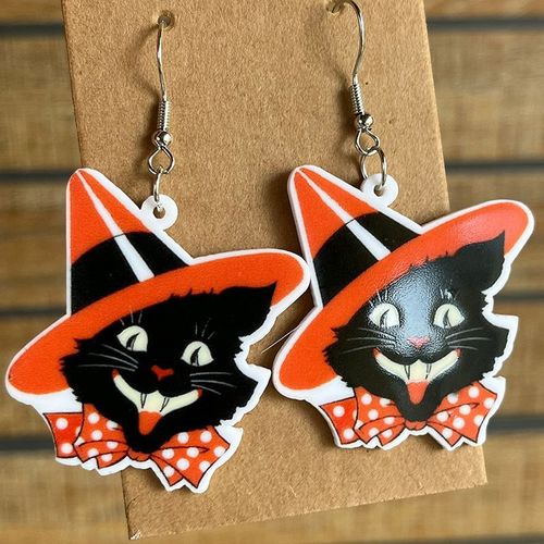 Boucles D'oreilles Vintage En Forme De Crâne De Chat Noir Pour Femme, Pendentif Vert, Mouillé, Sorcière, Lune, 2023