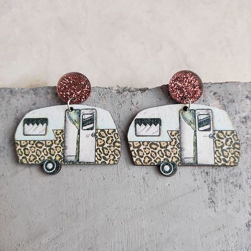 Boucles D'oreilles En Bois Imprimé Léopard Pour Femmes, Boucles D'oreilles Géométriques Colorées, Esthétique Vintage, Voiture, Fête De L'indépendance Américaine