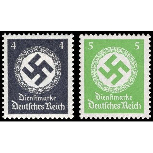Allemagne, 3ème Reich 1934, Très Beaux Timbres De Service Neufs** Luxe Yvert 94 Et 95, Croix Gammée Et Couronne De Feuilles De Chêne, 4pf. Ardoise Et 5pf. Vert Clair, Filigrane Croix Gammées.