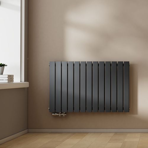 EMKE Radiateur à eau chaude à panneau plat horizontal 63 x 100,6 x 5,3 cm, radiateur de salle de bain chauffant, radiateur plat avec raccordements latéraux, 730 watts, monocouche gris anthracite