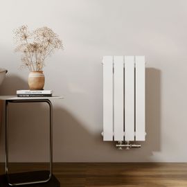 EMKE Radiateur à eau chaude petit format 60 x 30,4 cm, radiateur vertical, radiateur plat de salle de bains, connexion centrale, radiateur mural monocouche, blanc, 233 watts