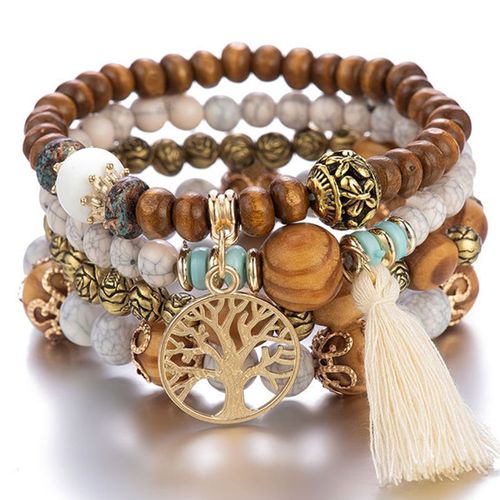 Bracelet En Perles De Bois Multicouches Pour Femmes, Bijoux Élastiques, Pendentif Pompon, Arbre De Vie, Style Bohème Du Mexique, Accessoires Pour Femmes
