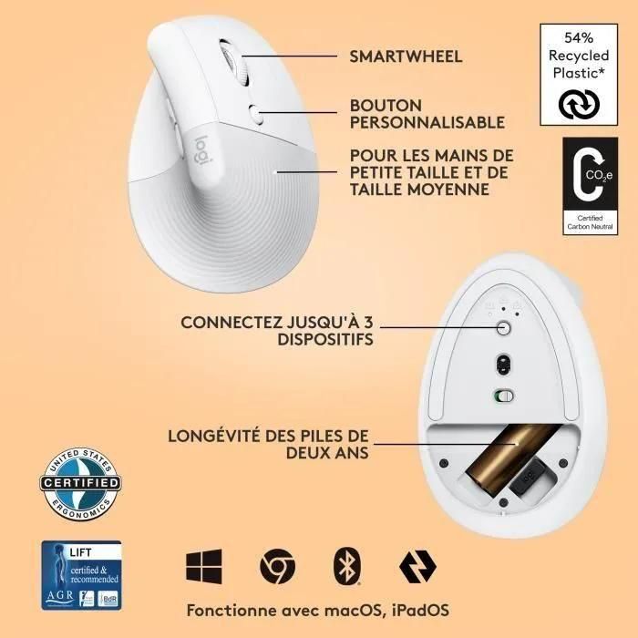 Logitech Lift - Souris ergonomique verticale sans fil Bluetooth - blanc cas... - 6