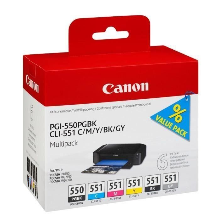 Canon PGI-550PGBK + CLI551 (PGBK/C/M/Y/BK/GY) Noir, Cyan, Gris, Magenta, Pi...