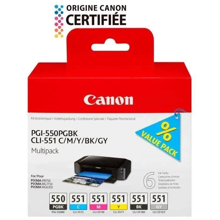 Canon PGI-550PGBK + CLI551 (PGBK/C/M/Y/BK/GY) Noir, Cyan, Gris, Magenta, Pi... - 2