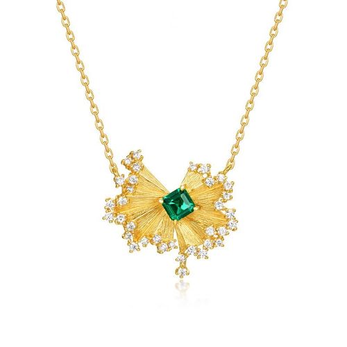 Collier Italien Brossé Vintage - Argent Sterling S925 Avec Émeraude Cultivée En Laboratoire