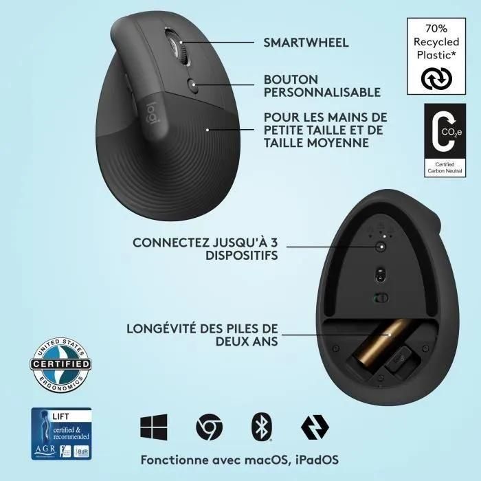 Logitech Lift - Souris ergonomique verticale sans fil Bluetooth - graphite - 7
