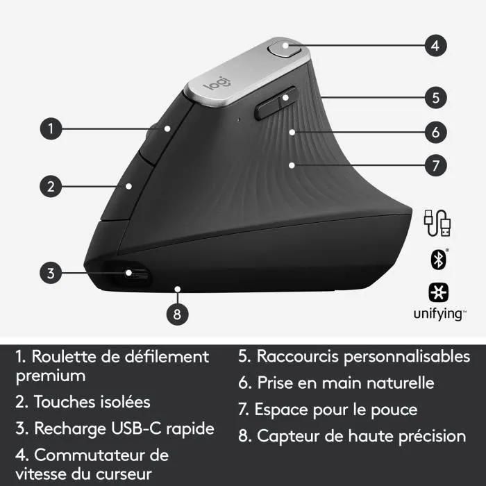 Logitech MX Vertical - Souris verticale - ergonomique - optique - 6 boutons... - 7